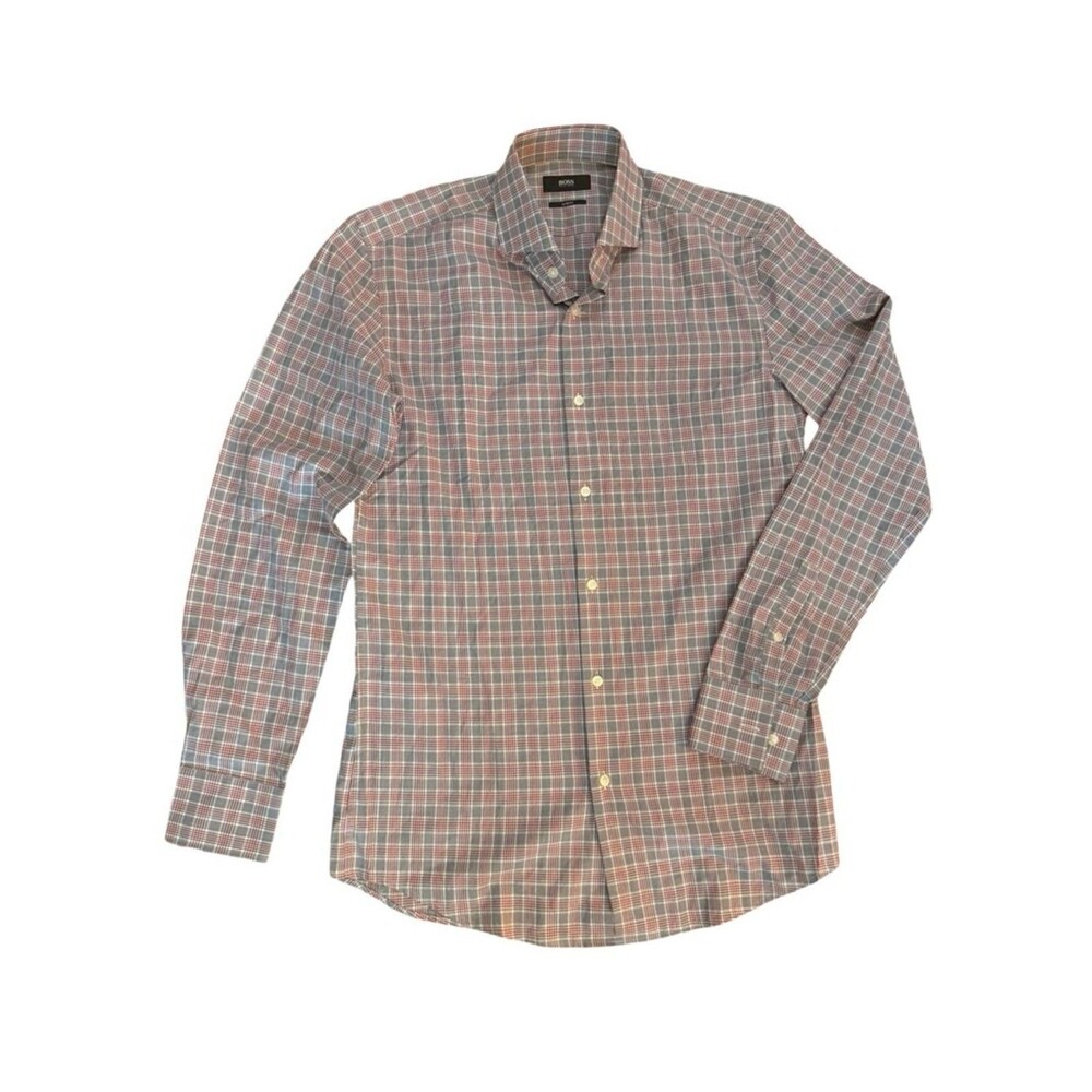 Hugo Boss Mens Button Down Shirt Plaid Long Sleeve Designer dress shirt Sz 38/15